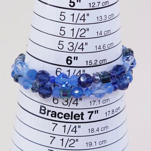 6.5”, Double Strands Sterling 925 Silver Handmade Bracelet, Blue Crystal beads