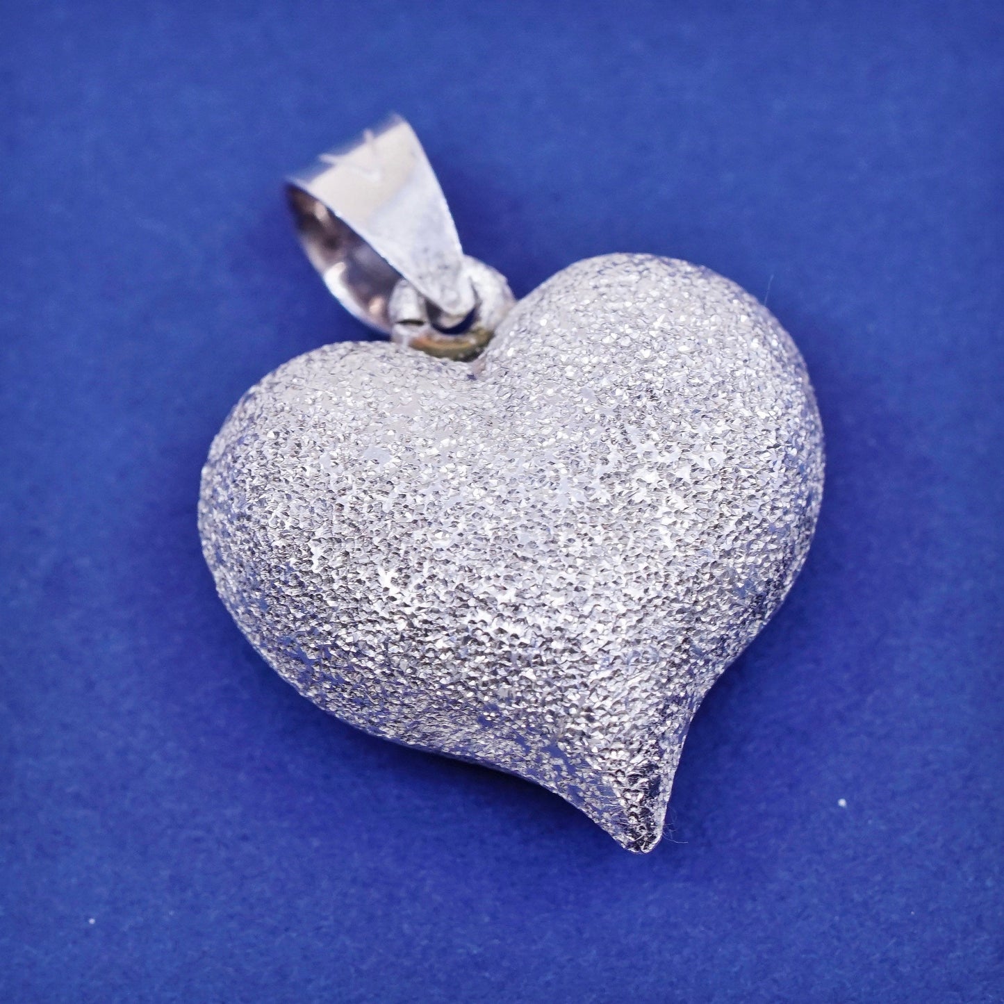 Vintage Sterling silver handmade pendant, glitter surface puffy 925 heart