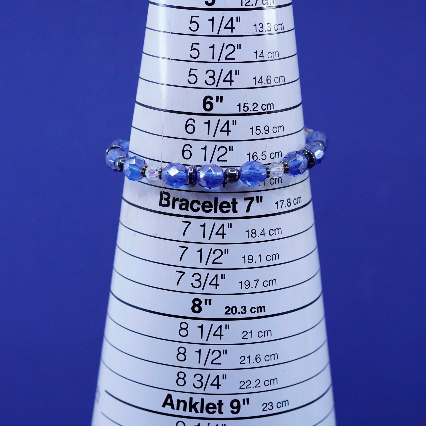 6.75”, sterling silver handmade bracelet, 925 clasp with blue crystal beads