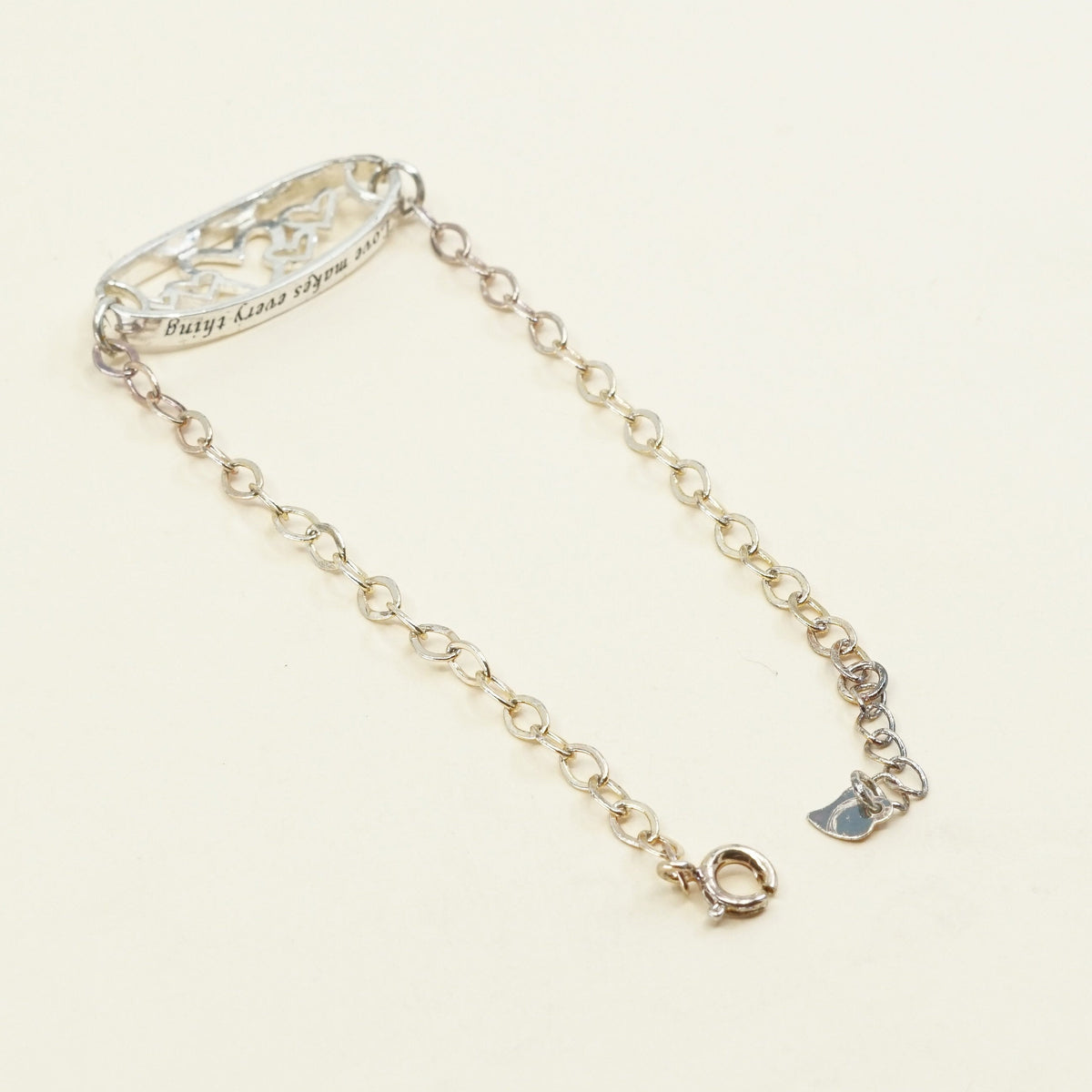 7.75", vtg Sterling Silver Bracelet, 925 flatten circle chain w/ heart “love"