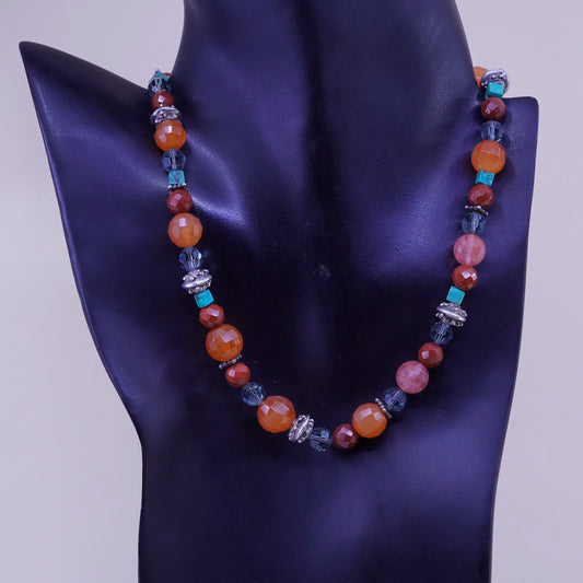 16”, vintage Sterling 925 silver necklace with carnelian coral and turquoise
