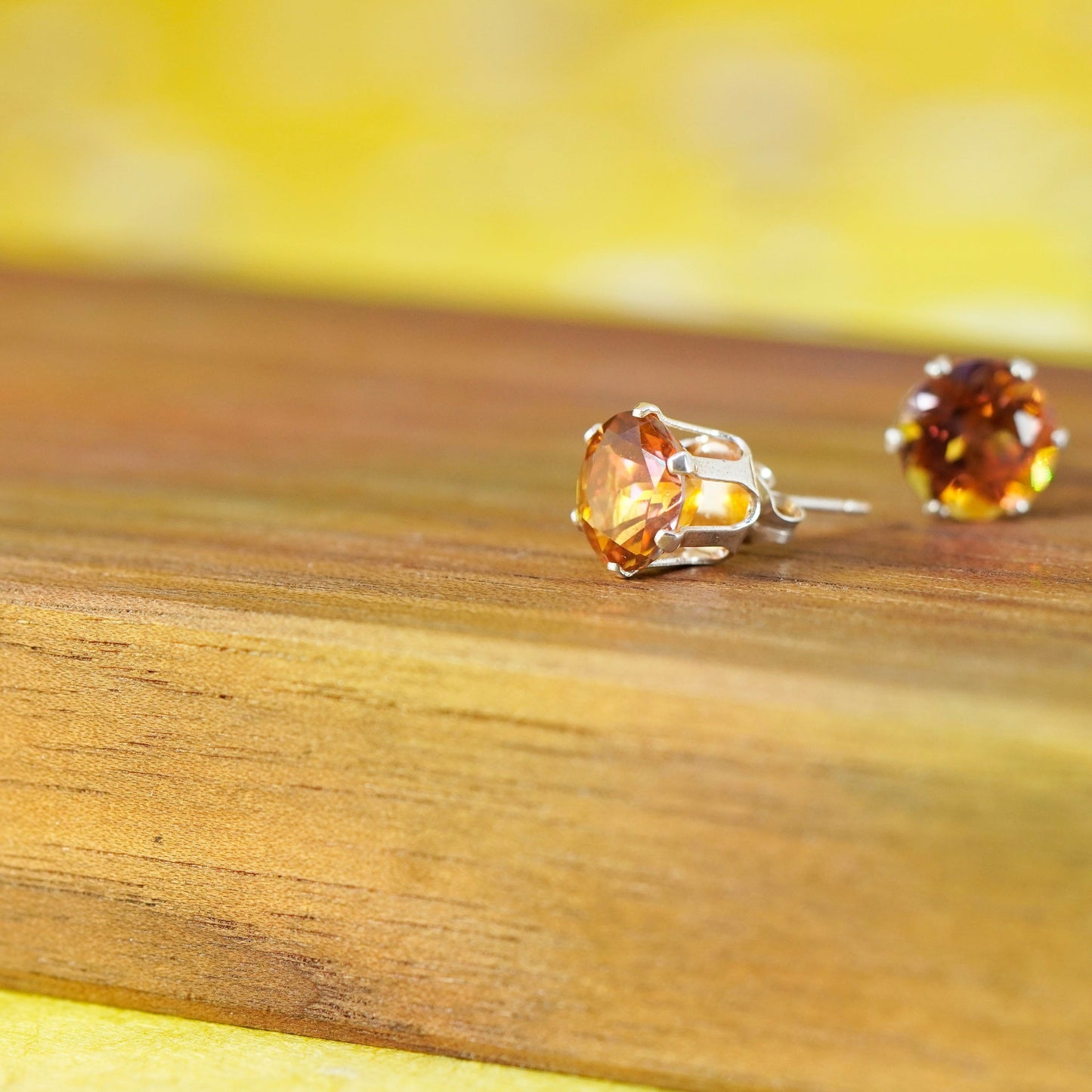 9mm, Vintage Sterling silver handmade earrings, 925 studs with citrine