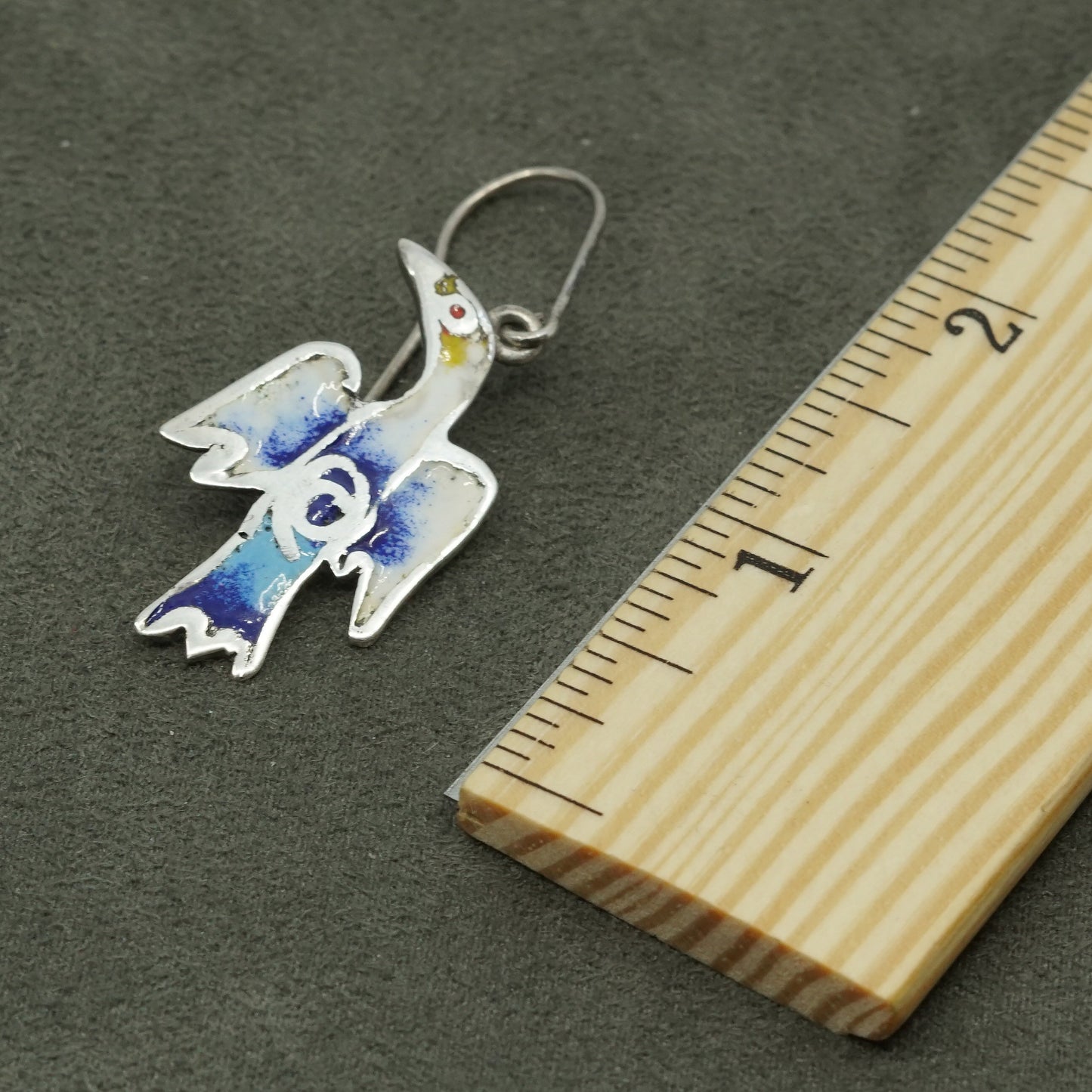 vtg Sarah sterling silver handmade earrings, 925 w/ colorful enamel bird