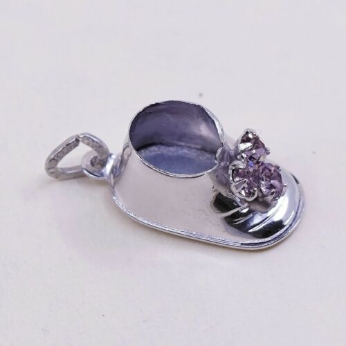 Vtg Beau Sterling Silver Handmade Pendant, 925 silver Shoe W/ Pink Heart Cz