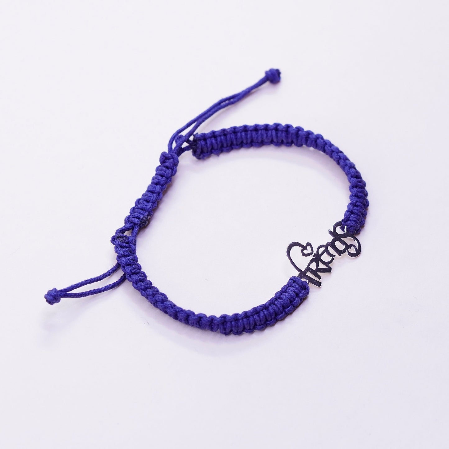 Size adjustable, Sterling 925 silver bracelet blue linen thread “friends” charm