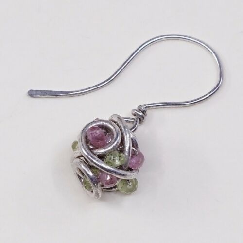 Vtg Handmade Lightweight 925 Sterling Silver Earrings With Wired Beads N Crystal