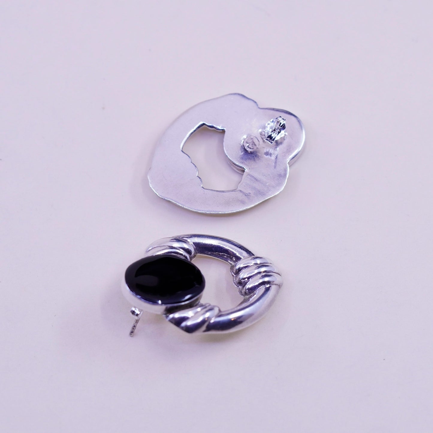 Vintage Sterling silver handmade earrings, Modern 925 ribbed stud oval obsidian