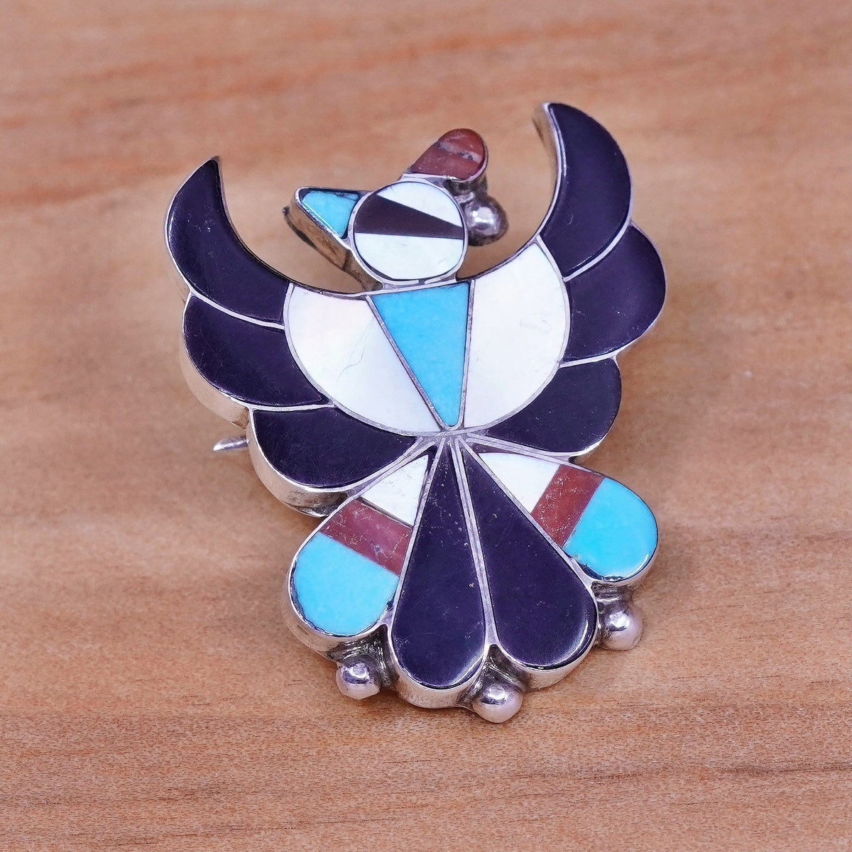 R Wallace Native American sterling 925 silver zuni thunder bird pendant brooch