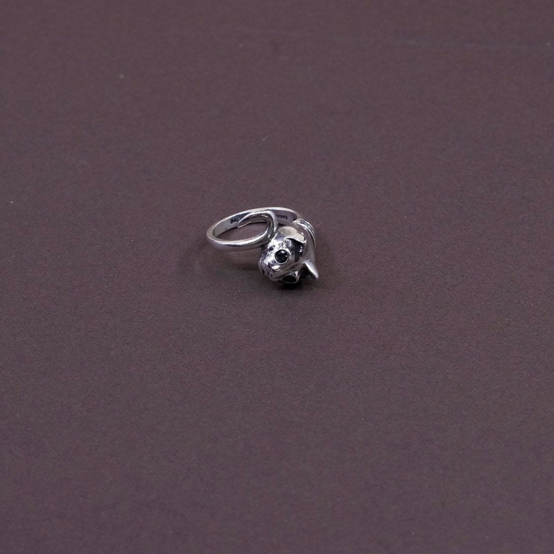 sz 5, kabana Sterling Silver Handmade ring, 925 cat head band w/ sapphire eyes