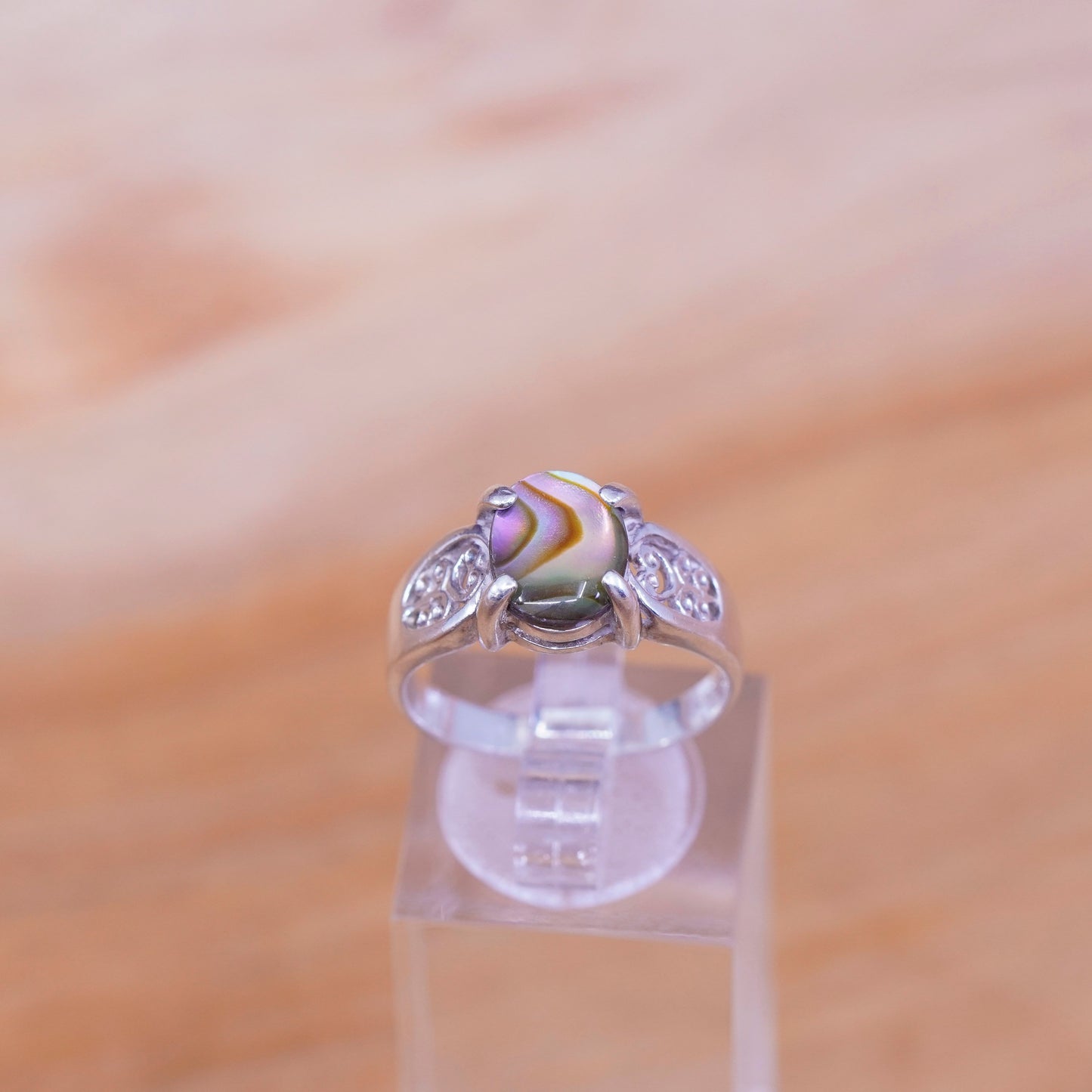 Size 8.25, vintage sterling 925 silver handmade filigree ring with abalone