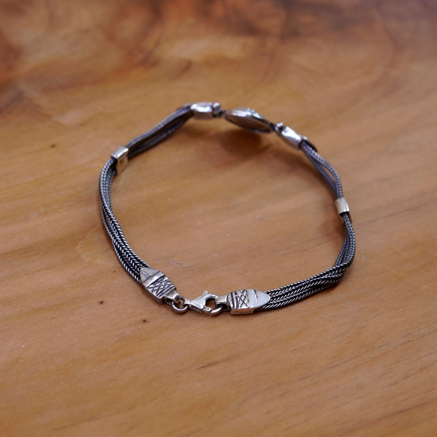 7”, Israel Sterling silver bracelet, multi strands 925 wheat chain turquoise