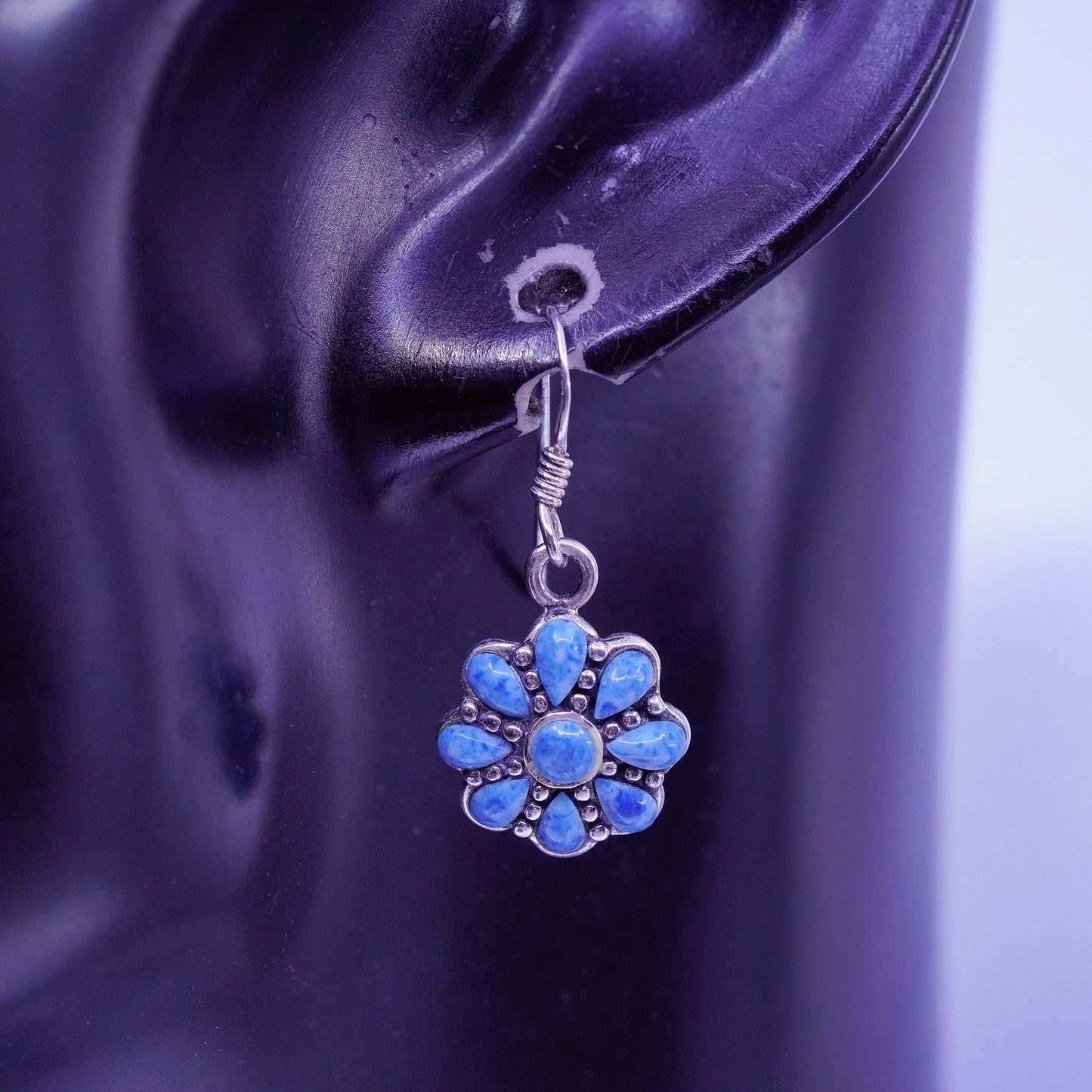 Vintage Sterling 925 silver handmade earrings with flower turquoise