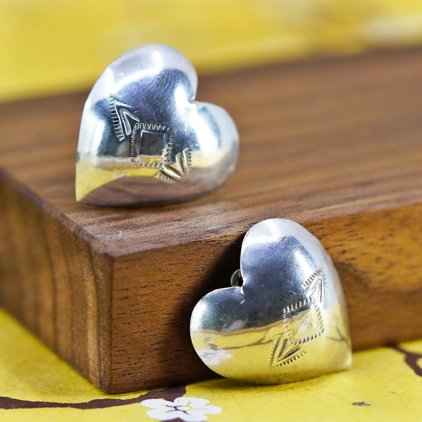 Native American Sterling silver handmade clip on, 925 heart earrings