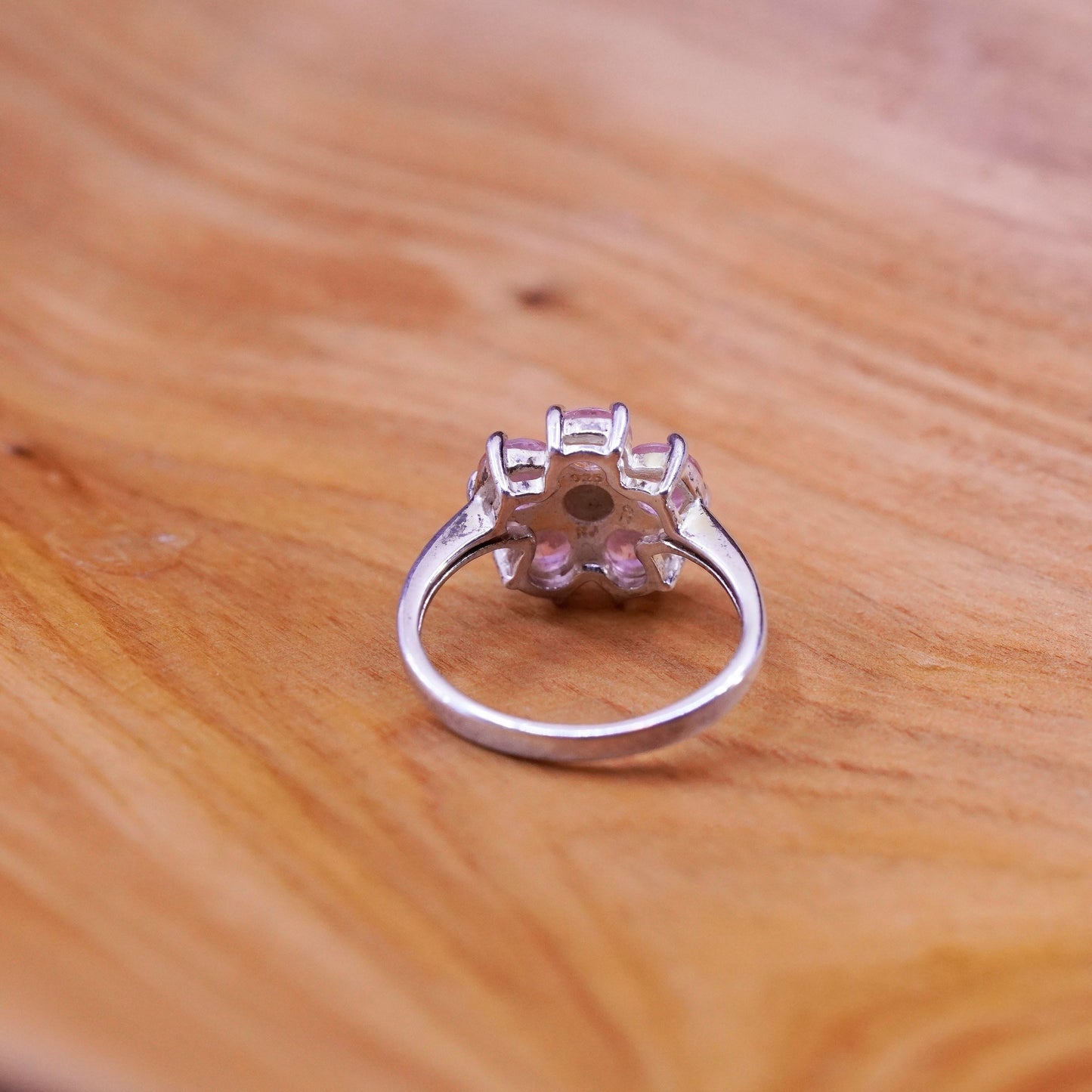 Size 8.25, vintage Sterling 925 silver handmade ring with pink cz flower