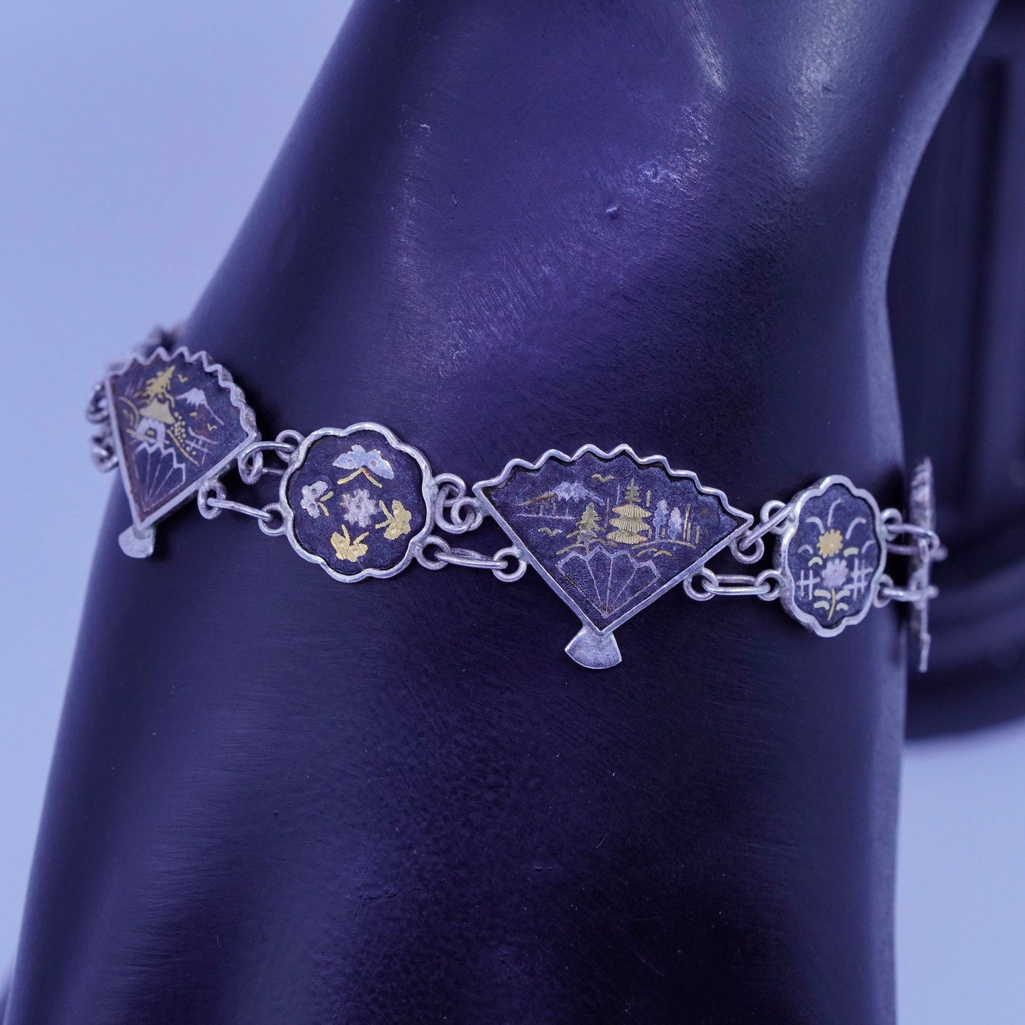 6.5”, Vintage 1950s Japanese shakudo Sterling 925 silver handmade bracelet