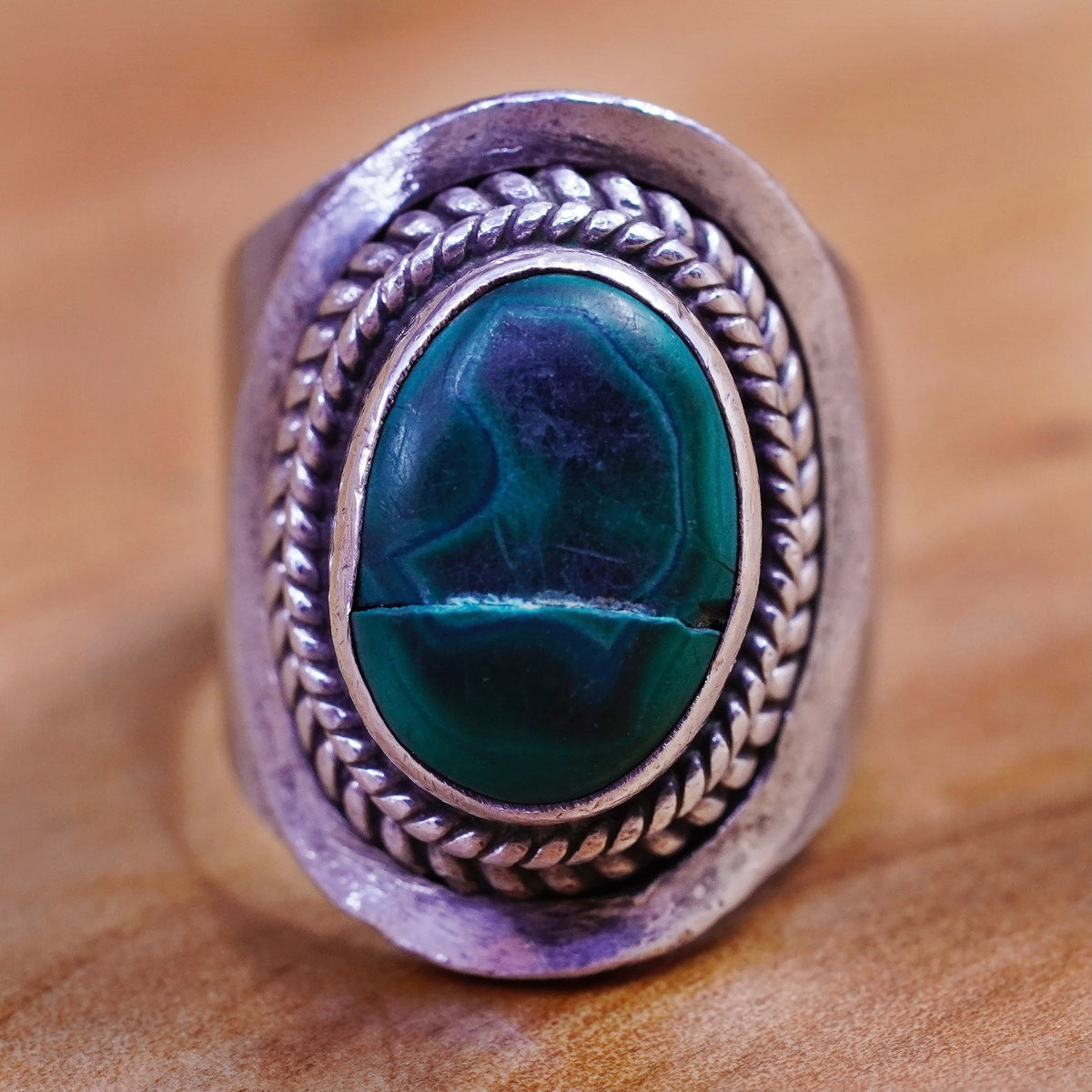 Size 5.5, vintage Mexico Sterling 925 silver handmade ring band with malachite