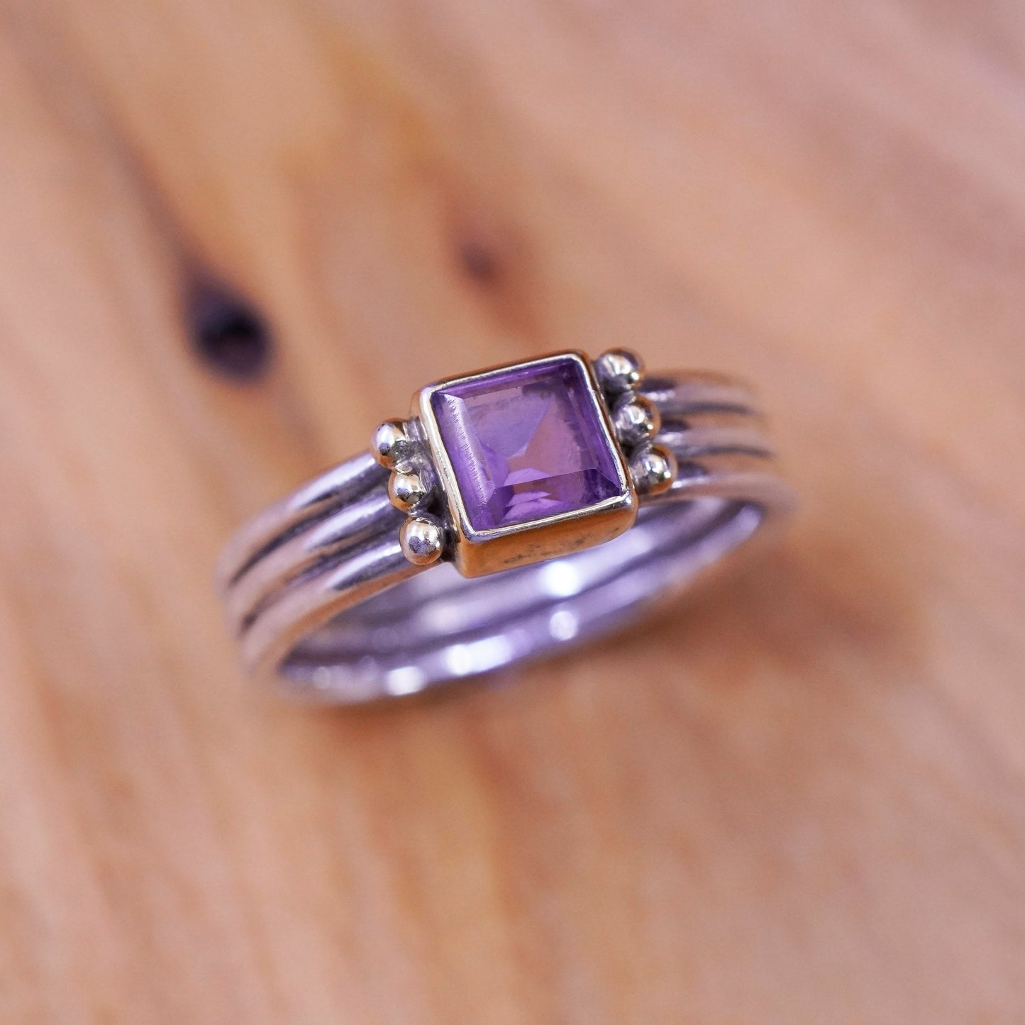 Size 9, 14K yellow gold Sterling silver ring stackable 925 ribbed band amethyst