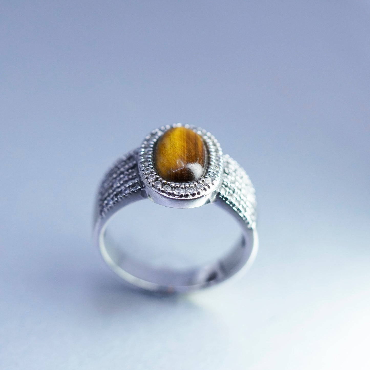 Size 11.25, vintage Sterling 925 silver handmade ring with golden tiger eye cz