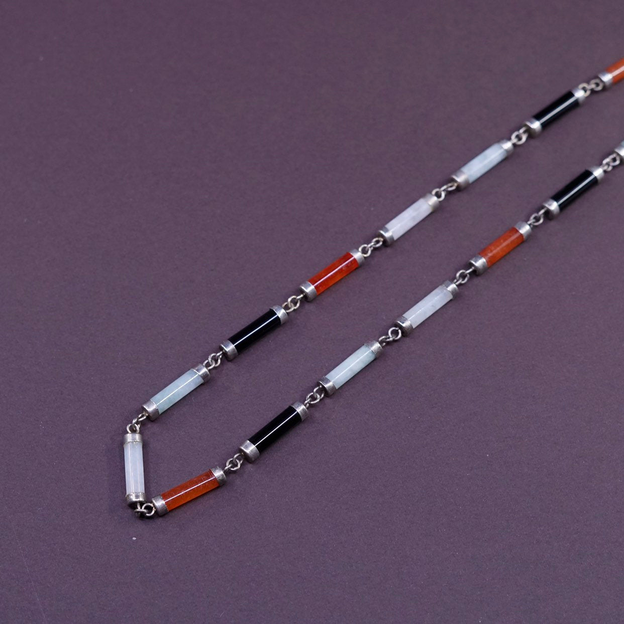 18”, vtg genuine Barrel jadeite jade bar sterling necklace w/ 925 silver