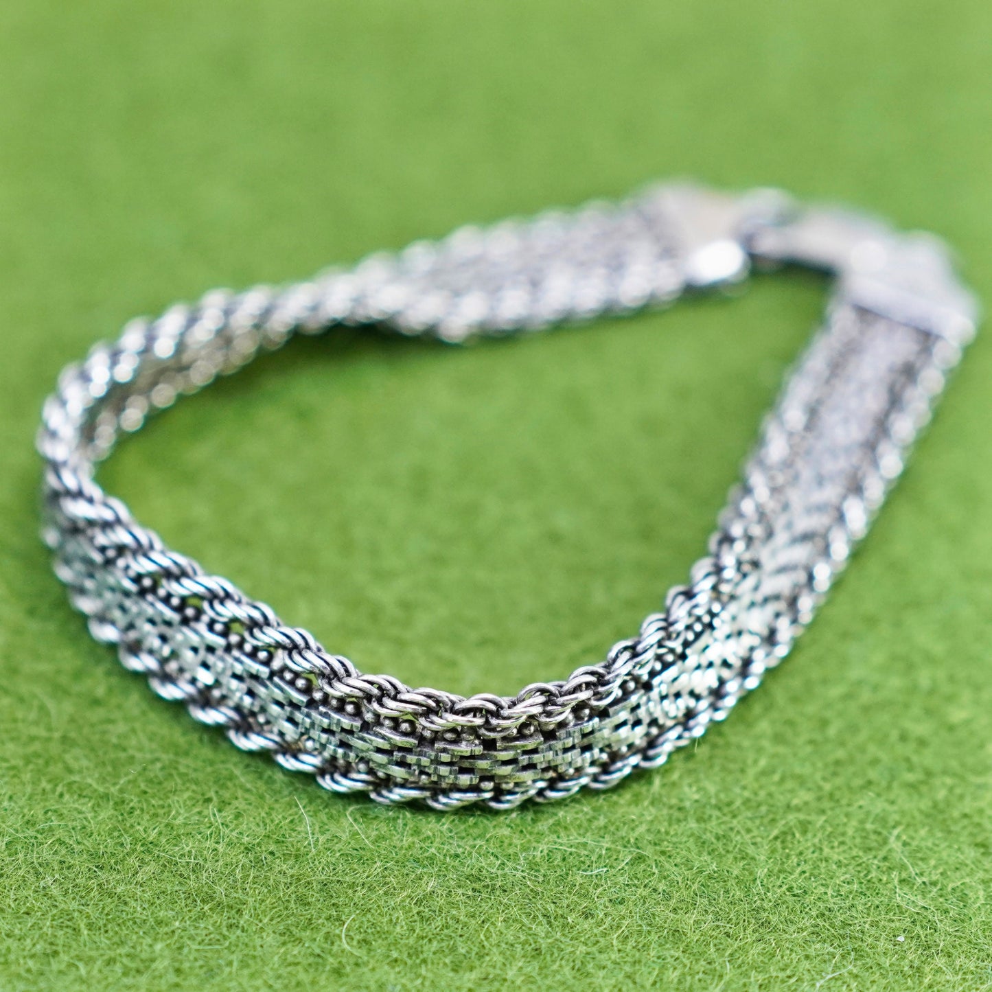 7.25”, vtg sterling 925 silver Italy riccio rope woven braided chain bracelet
