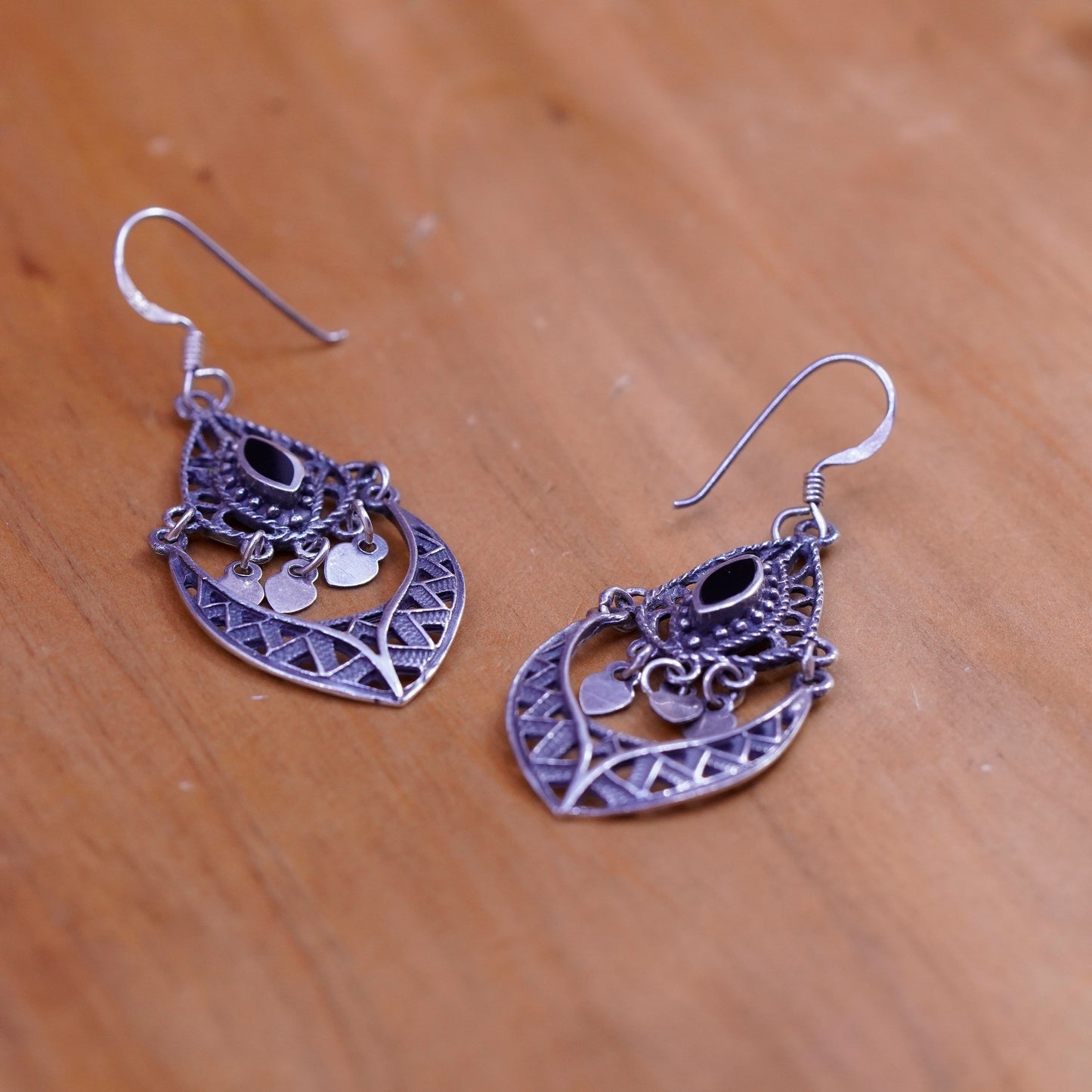 Vintage Sterling 925 silver handmade filigree earrings with obsidian