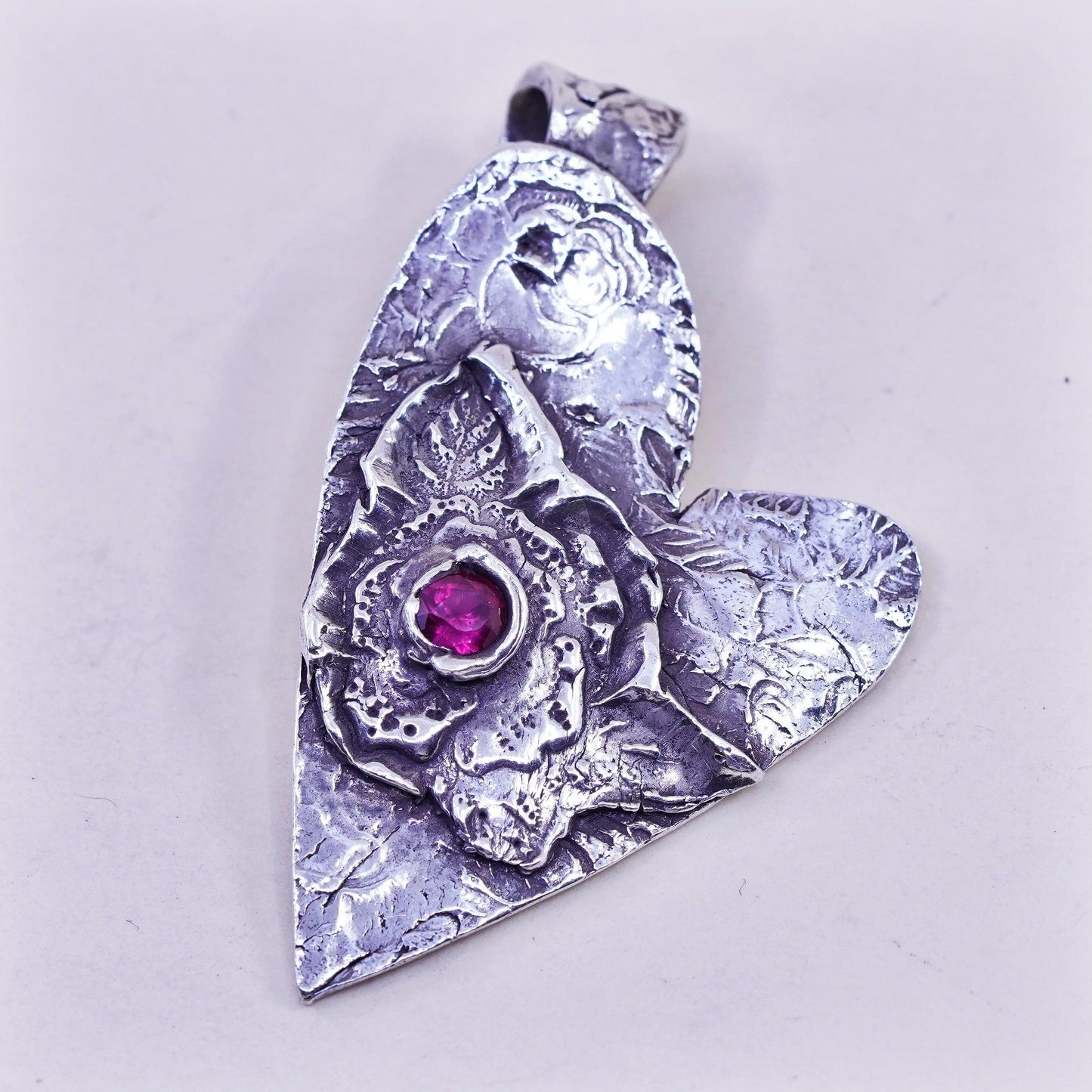 Vintage sterling silver 925 cross handmade textured heart pendant with ruby
