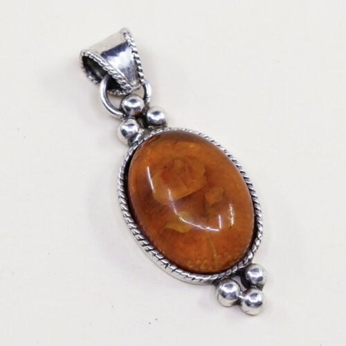 Vtg Sterling 925 Silver Handmade Beads Unique Amber Engraved Flower Pensant
