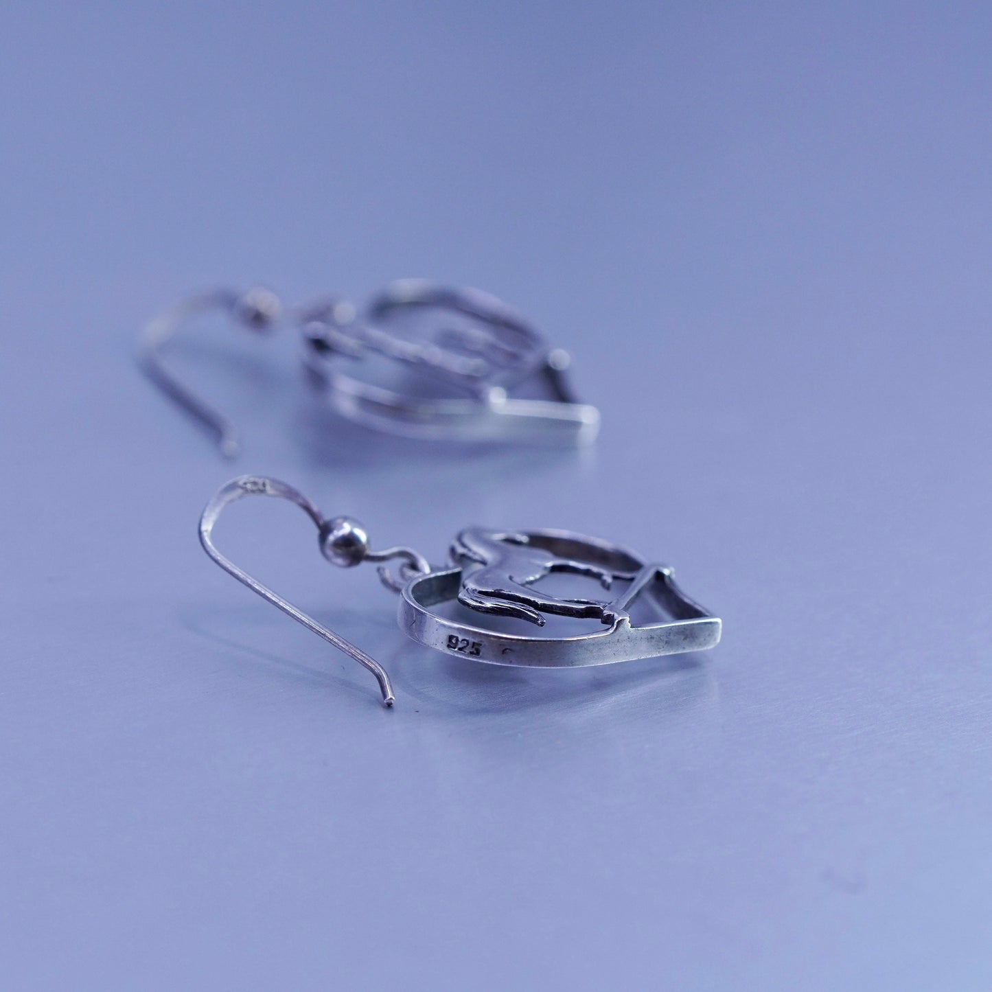 Vintage Sterling 925 silver handmade heart earrings with horse