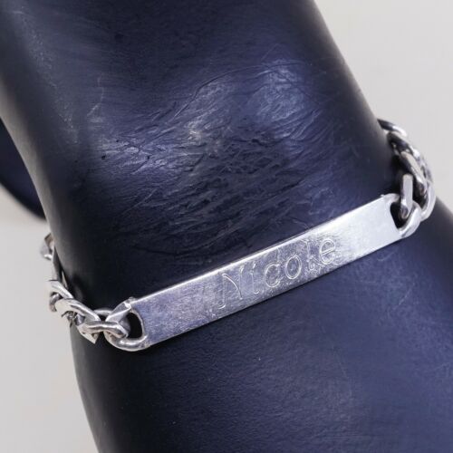 7.75”, 7mm Sterling Silver Handmade Bracelet, Vtg 925 Curb Name Nicole Tag