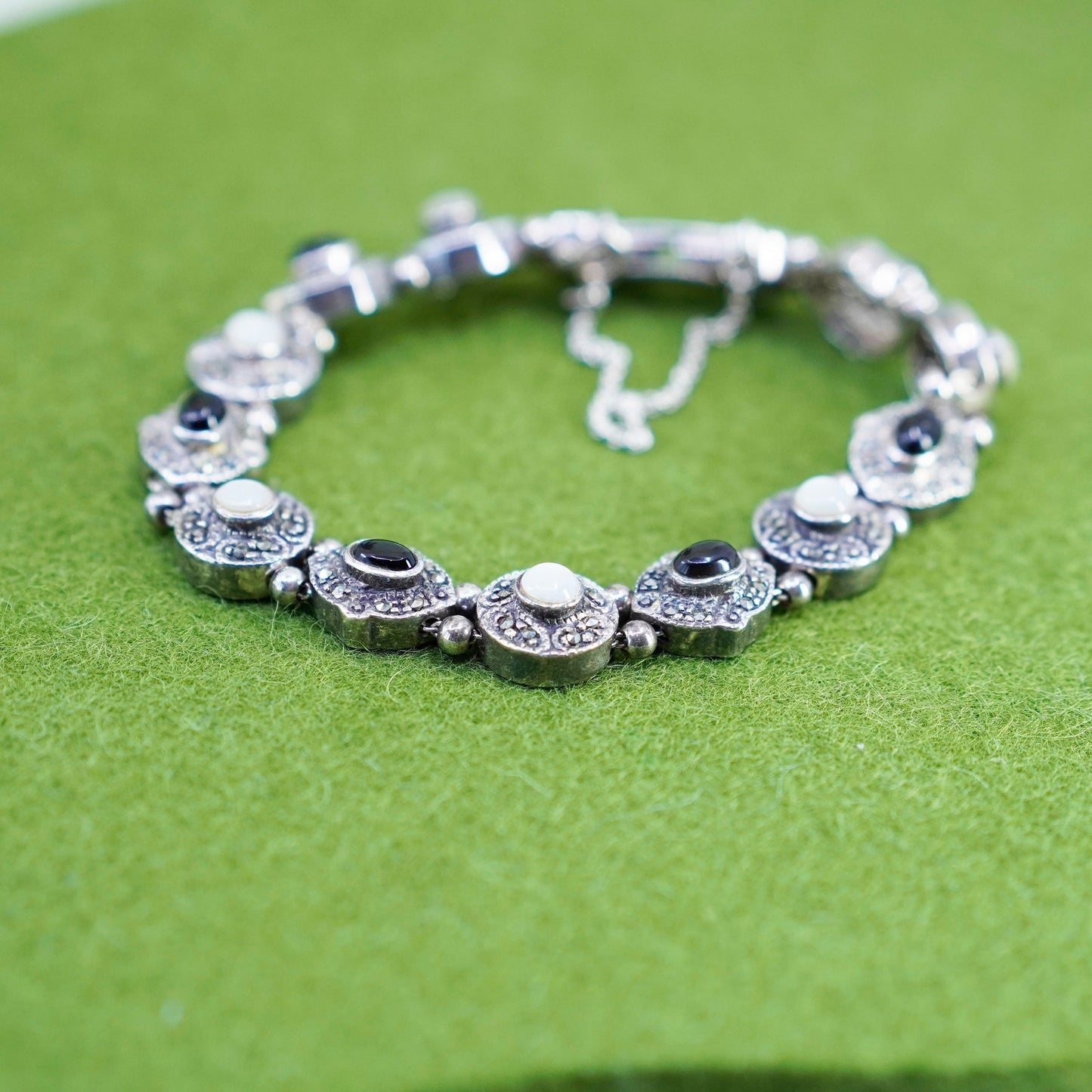 7”, Sterling 925 Silver chain, tennis Bracelet with marcasite onyx moonstone