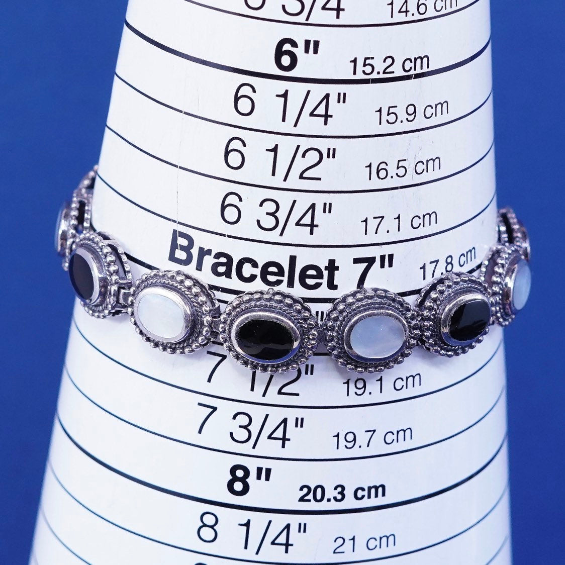 7.25", vtg Sterling silver handmade tennis bracelet, 925 w/ obsidian N MOP