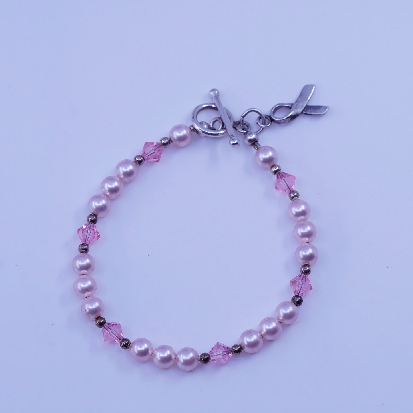 7”, Sterling 925 silver bracelet freshwater pearl breast cancer ribbon bow tie