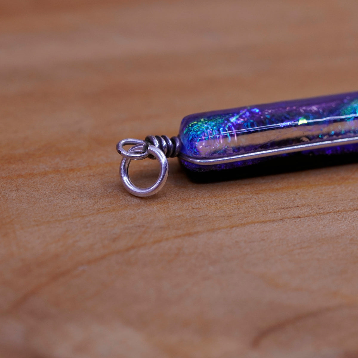 Vintage Sterling 925 silver handmade pendant with long blue foil glass