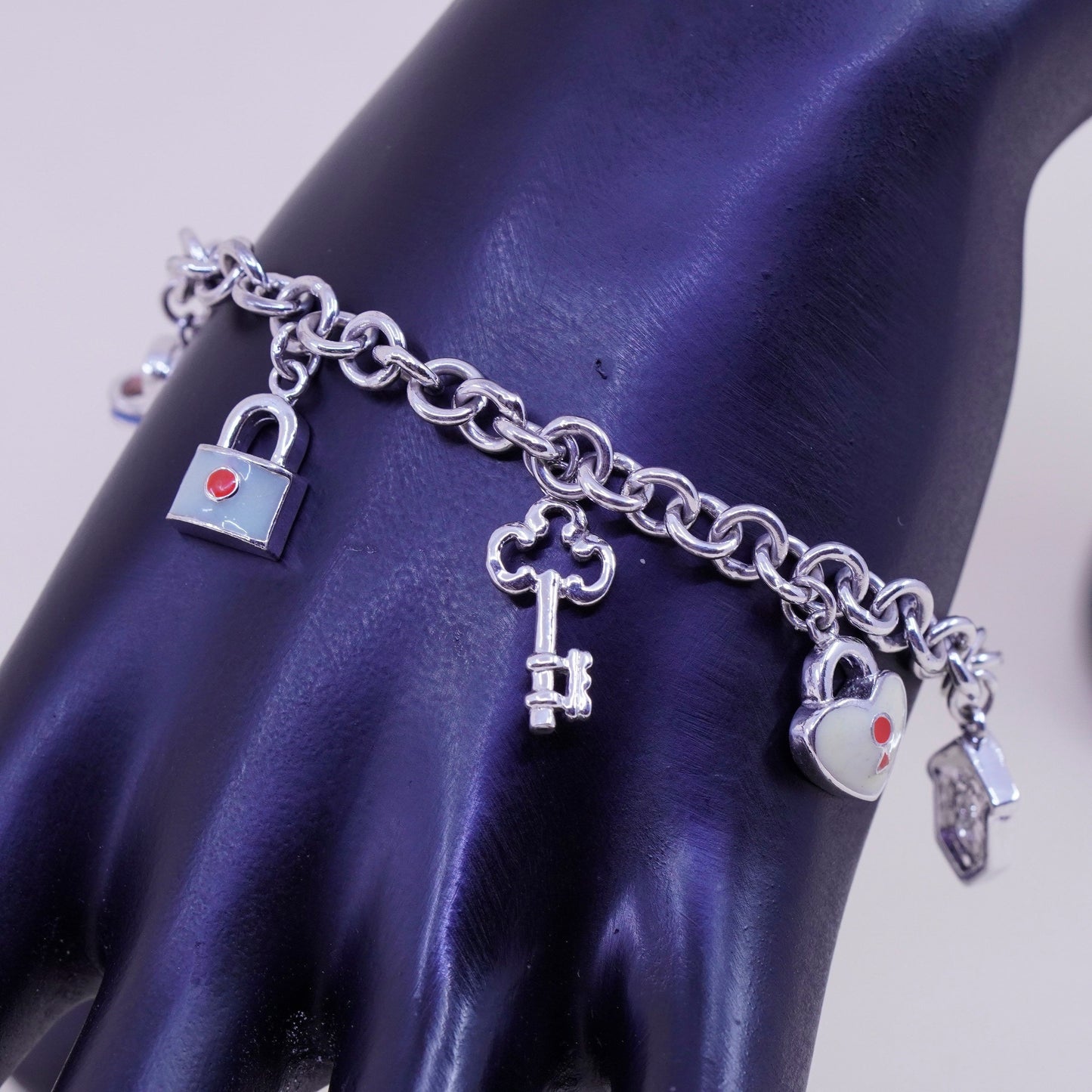 7”, sterling silver circle bracelet, 925 chain enamel heart key sandal charms