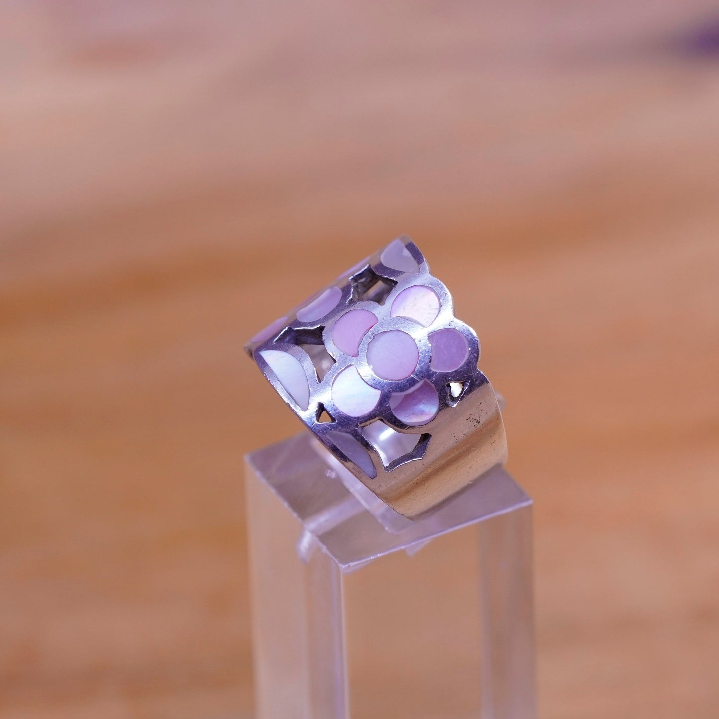Size 6.5, Vintage Sterling silver handmade ring, 925 band with pink flower