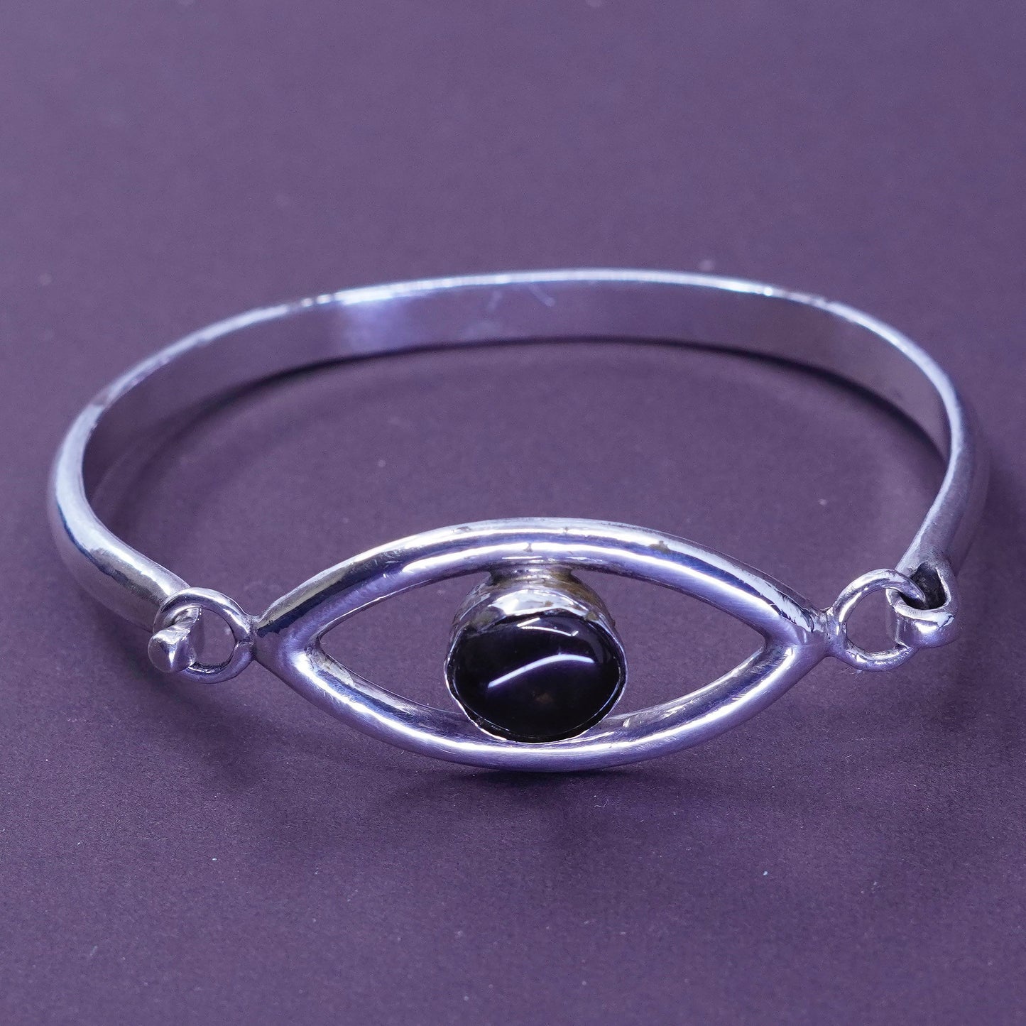 7.25”, Taxco Sterling silver bracelet, Mexico 925 hinged eye bangle w/ obsidian
