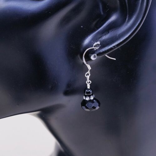 Vintage Sterling Silver Handmade Earrings, 925 Dangles W/ Obsidian N Cz