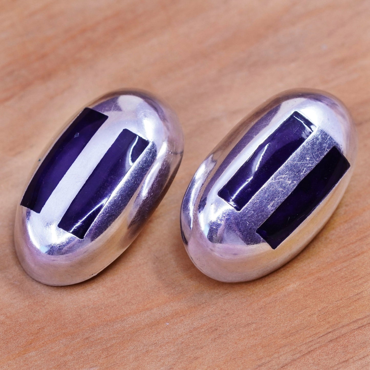 Vintage Mexico Sterling silver handmade earrings, 925 oval studs with obsidian