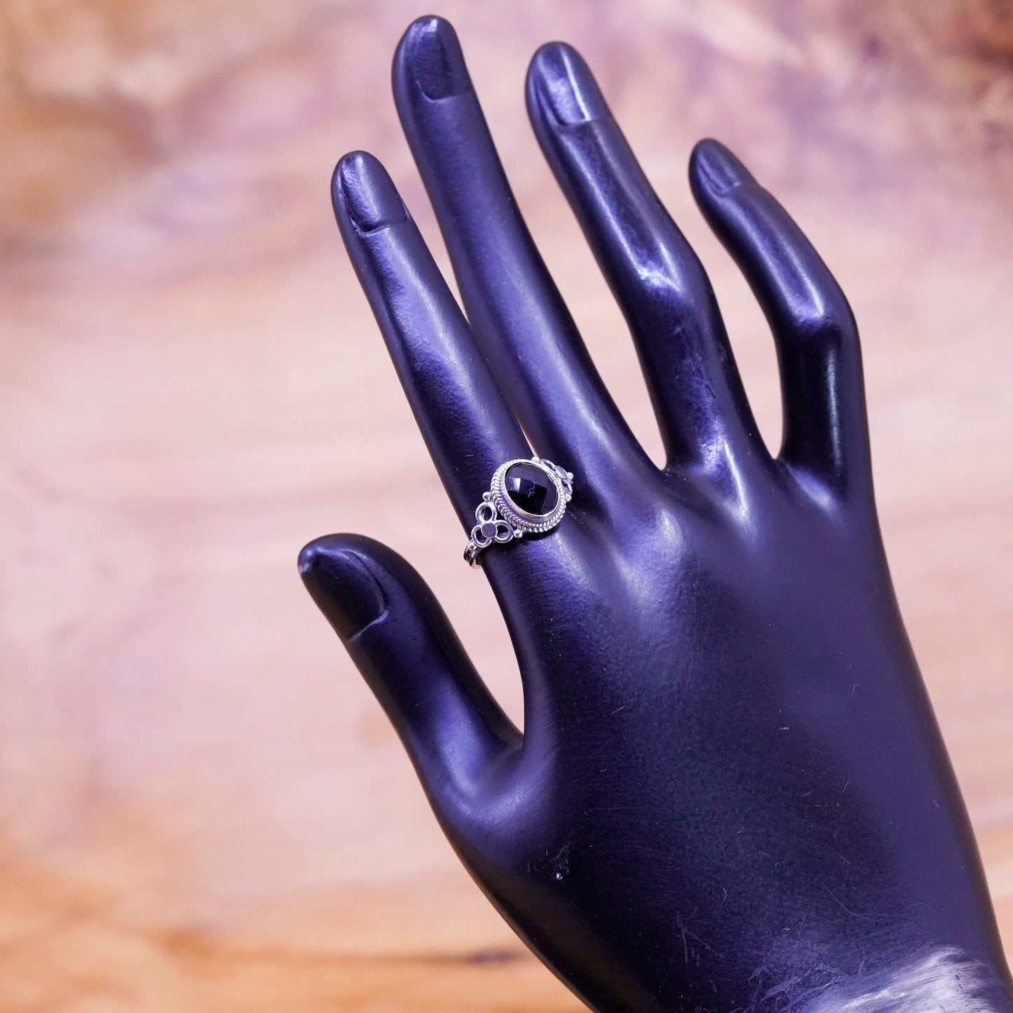 Size 6.75, vintage Sterling 925 silver handmade ring with obsidian and beads