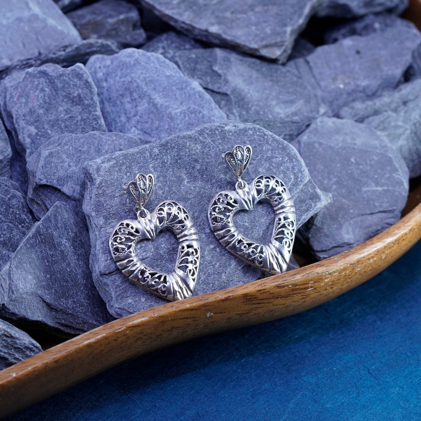 Vintage Sterling silver handmade earrings, 925 Bali filigree heart drops
