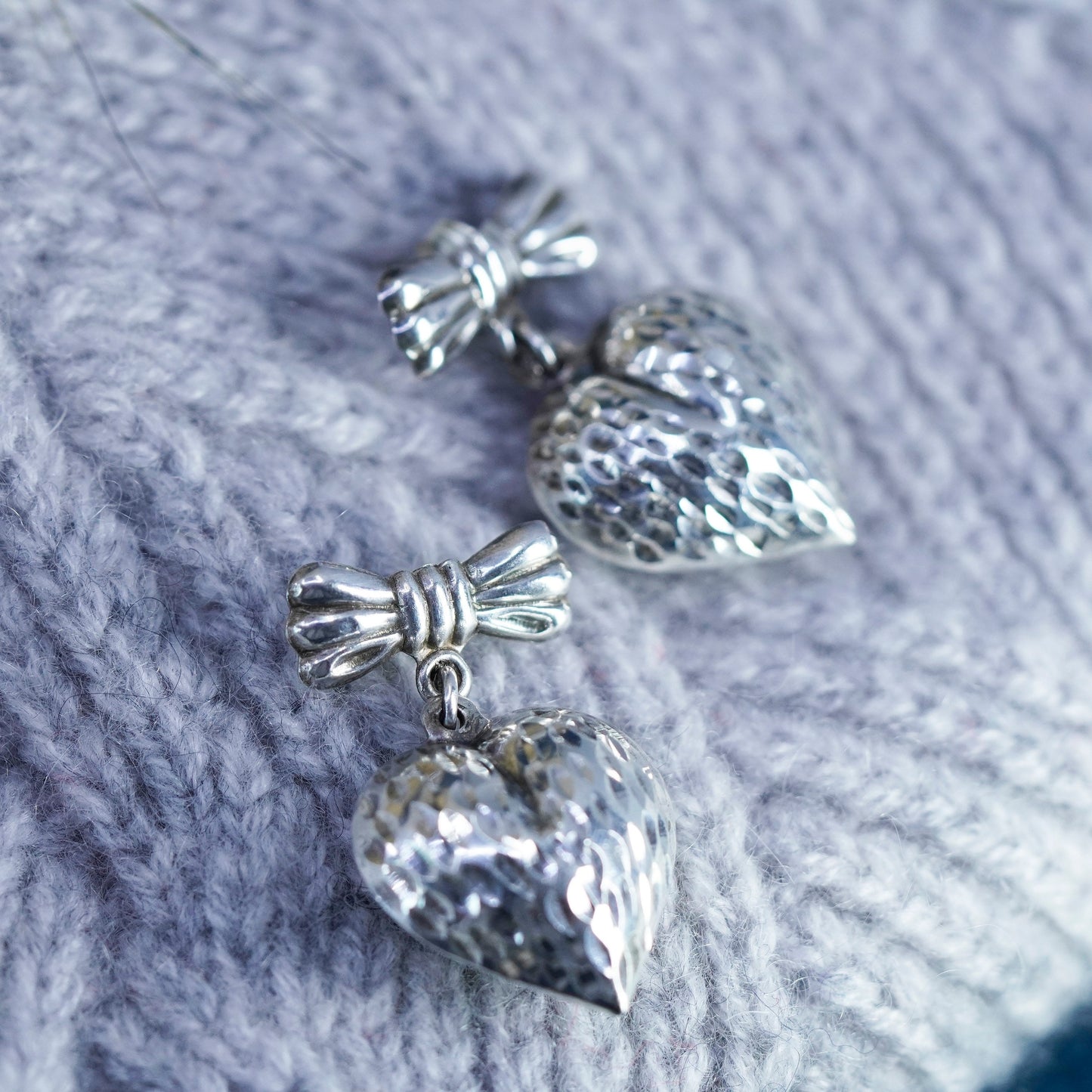 Vintage Sterling silver handmade earrings, textured 925 puffy heart drops