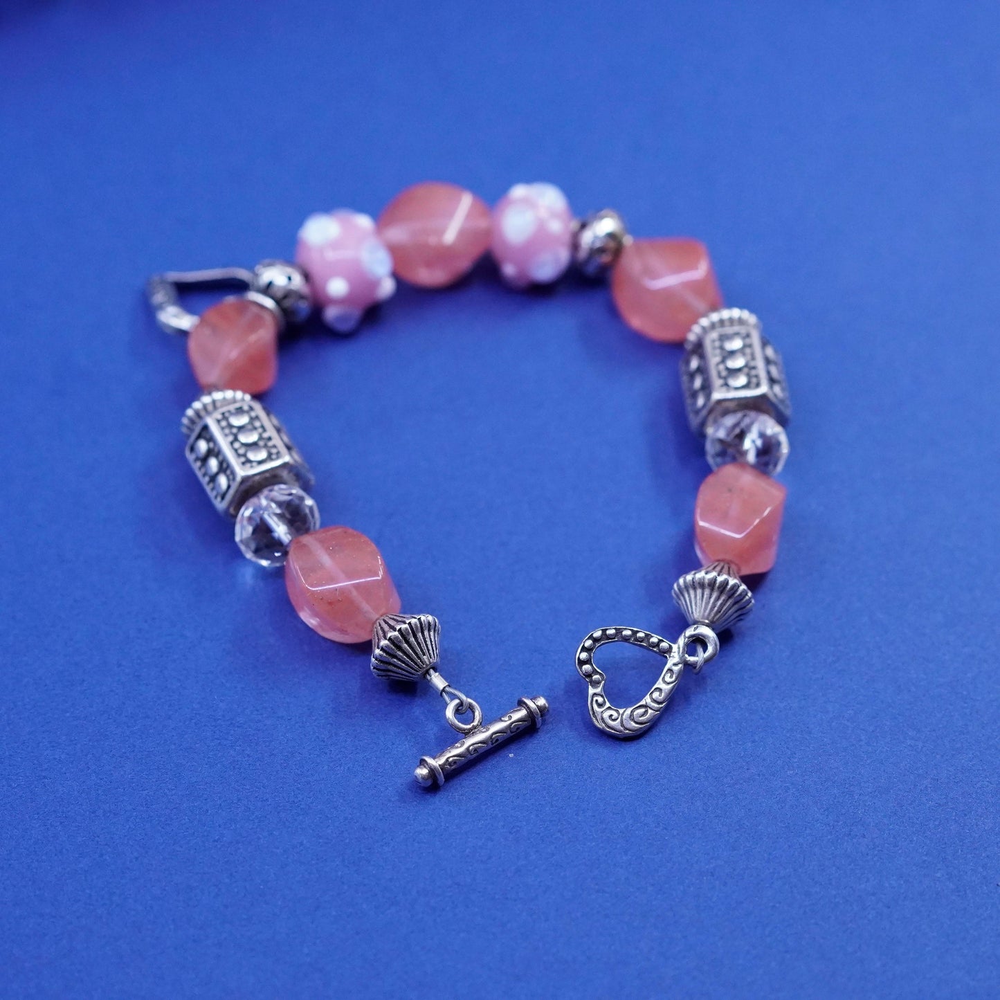 6.5”, sterling 925 silver handmade bracelet, nugget quartz filigree heart charm