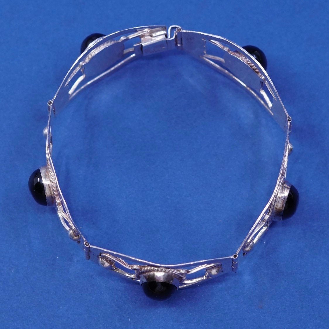 7", Sterling silver handmade bracelet, 925 filigree panels w/ obsidian beads