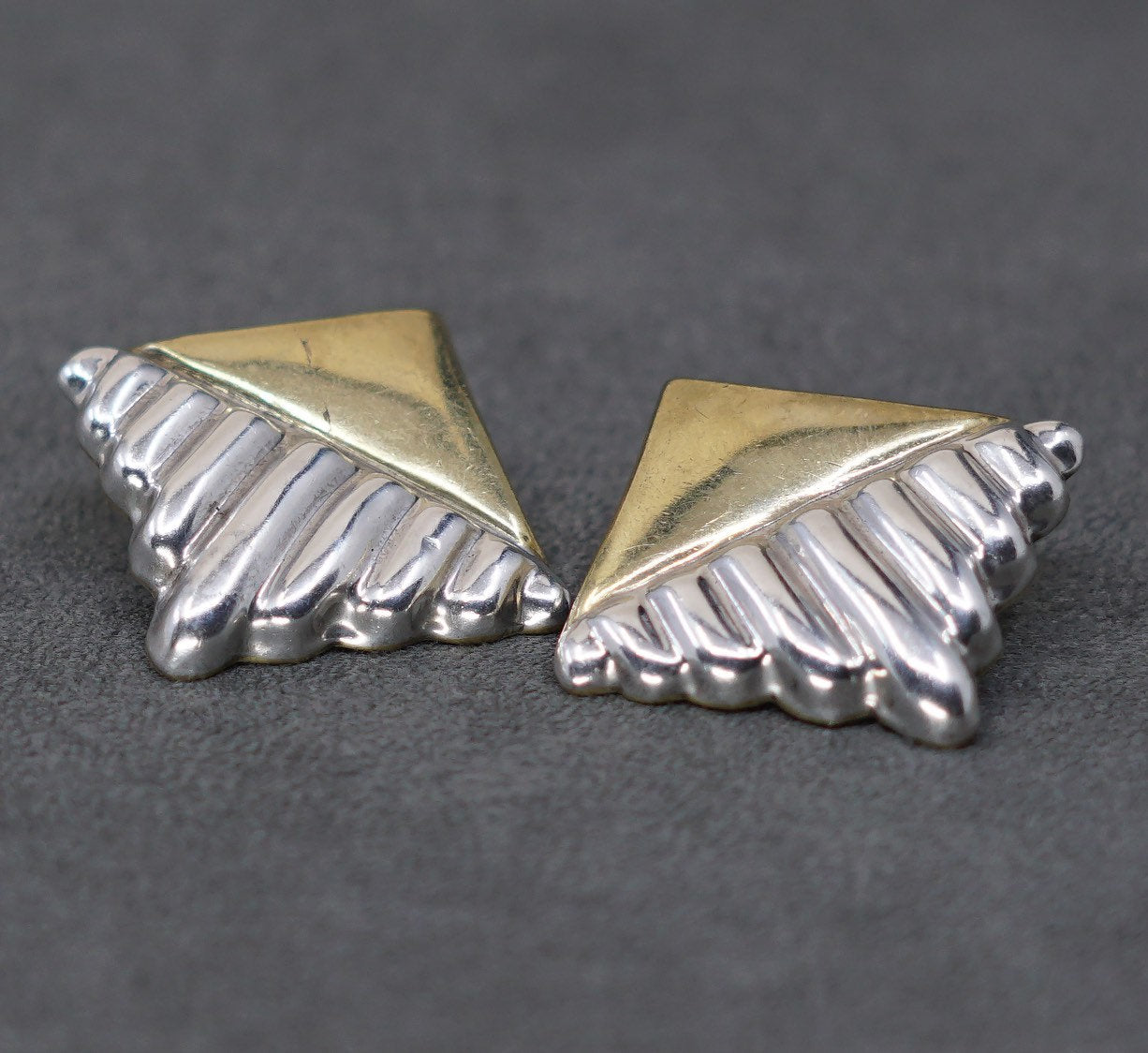 two tone Sterling silver handmade clip on, mexico 925 ribbed earrings w/ brass