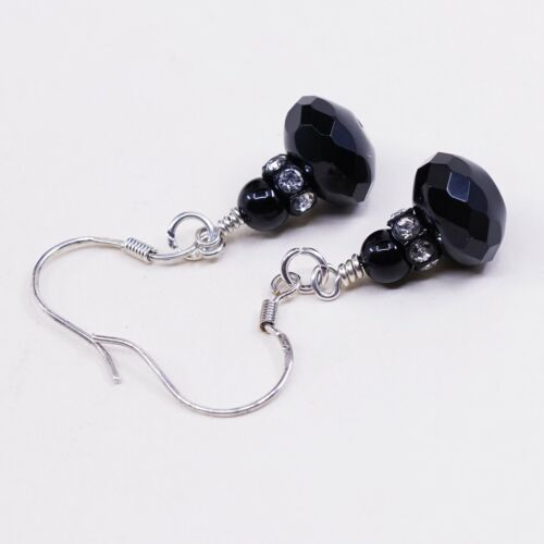 Vintage Sterling Silver Handmade Earrings, 925 Dangles W/ Obsidian N Cz