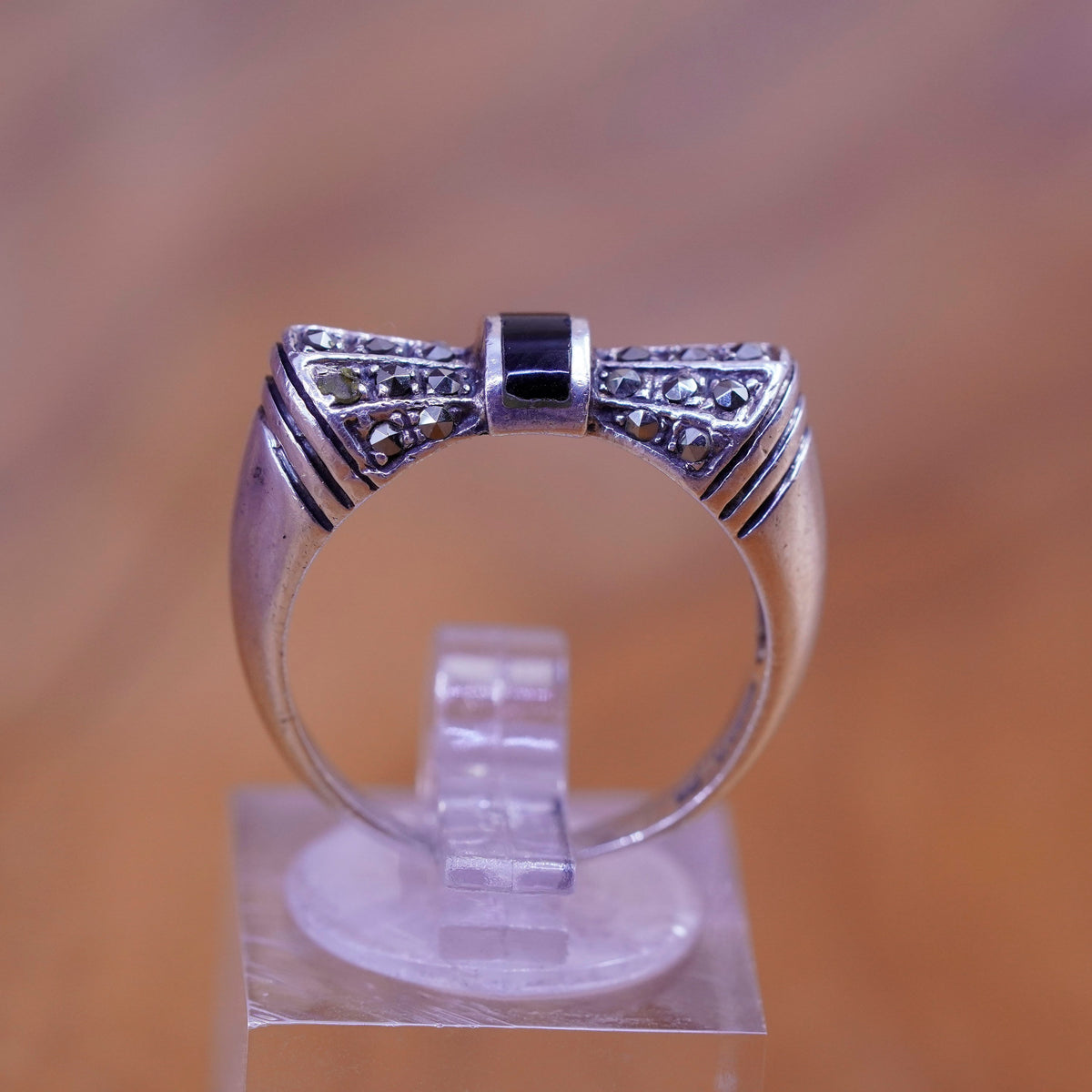 Size 7, vintage Sterling silver handmade ring, Art deco 925 bow ribbon obsidian