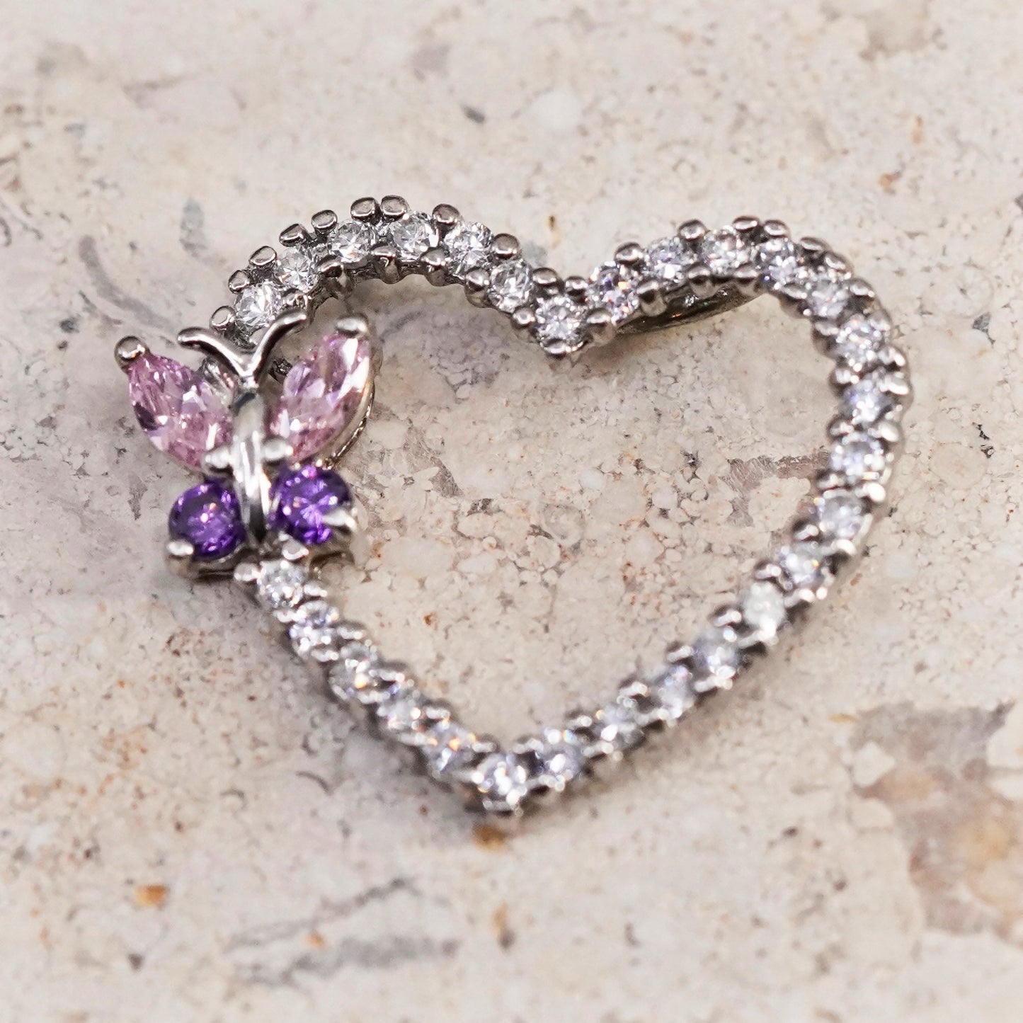 Vintage Sterling silver handmade pedant, 925 heart with cluster cz butterfly