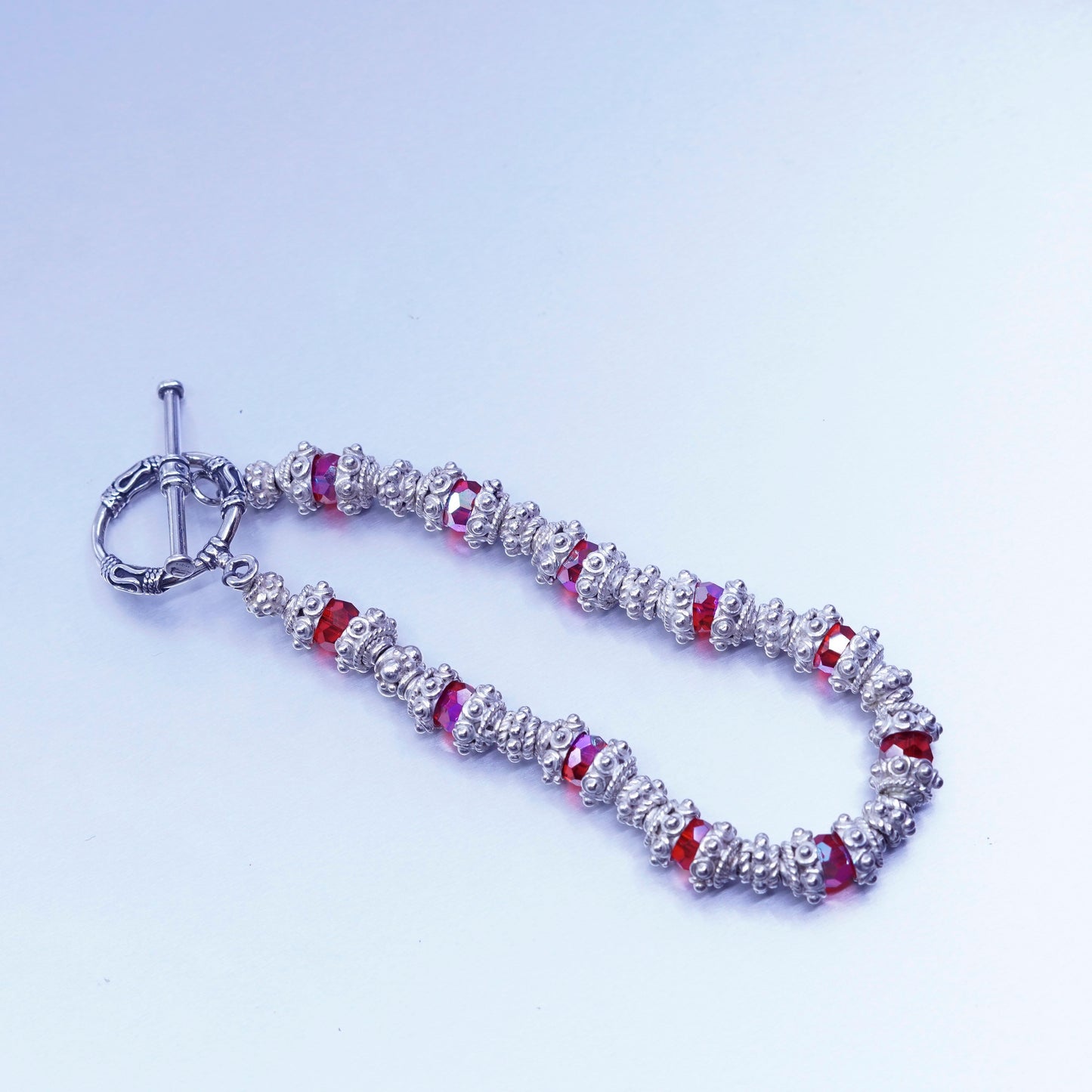 7”, vintage Nepal handmade Sterling 925 silver bracelet with red rhinestone