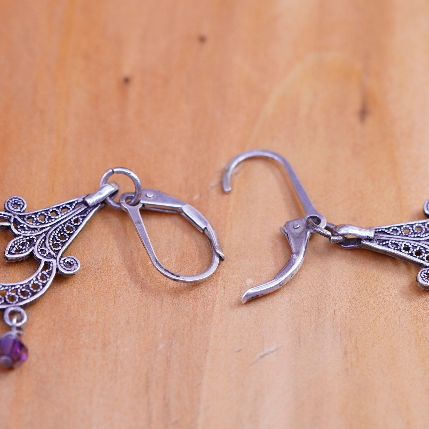 Vintage sterling silver handmade earrings, 925 teardrops filigree w/ gemstones