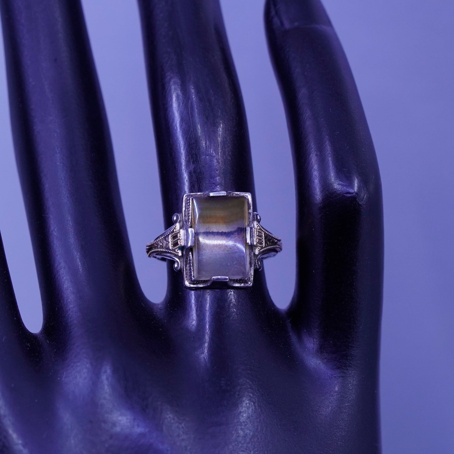 Size 6.25, vintage Sterling 925 silver handmade ring with landscape agate